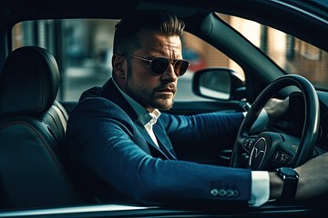 AI generated a man in a blue executive suit and sunglasses inside a car in a watchful attitude.