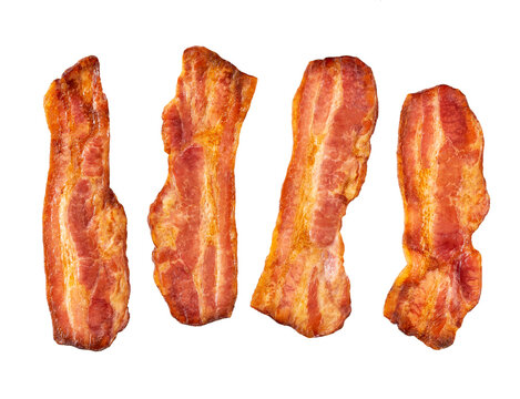 fried bacon rashers isolated on white background. Top view. Crispy  fried bacon pieces close up.