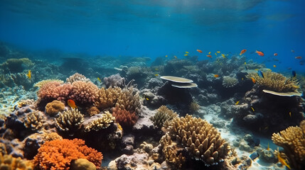 Fototapeta na wymiar coral reefs on the bottom of the clear sea, generative ai