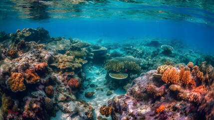 Fototapeta na wymiar coral reefs on the bottom of the clear sea, generative ai