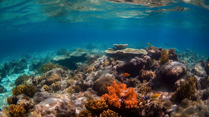 Naklejka na ściany i meble view of coral reefs on the bottom of the clear sea, generative ai