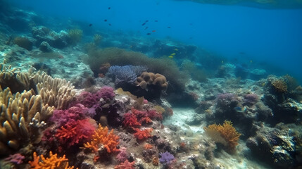 Fototapeta na wymiar view of coral reefs on the bottom of the clear sea, generative ai