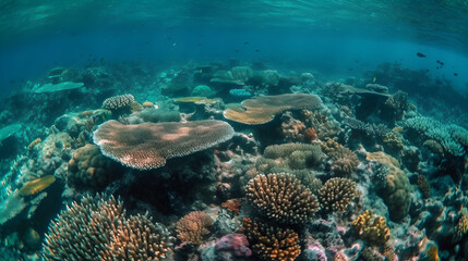 Naklejka na ściany i meble view of coral reefs on the bottom of the clear sea, generative ai