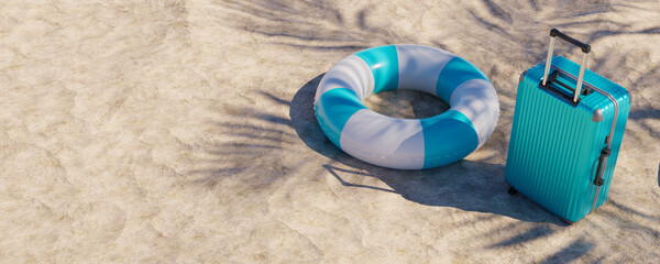 Summer beach vacation concept background with suitcases and swimming tubes in the sand. 3d rendering