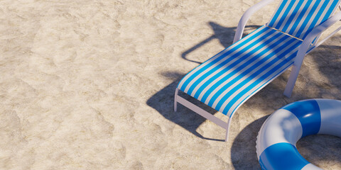 Summer beach vacation concept background with beach chairs in the sand and a swimming tube, 3d rendering