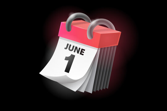 June 1 3d calendar icon with date isolated on black background. Can be used in isolation on any design.