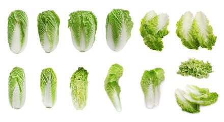 Collage with fresh Chinese cabbages on white background