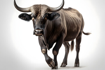 Naklejka premium A bull with large horns standing on a white background, Generative Ai