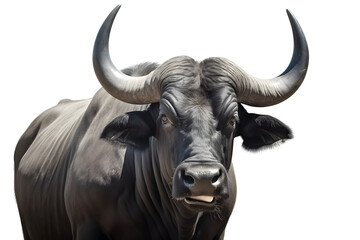 Naklejka premium A bull with large horns standing on a white background, Generative Ai