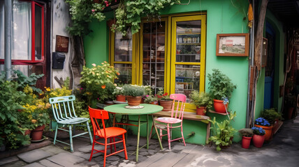 Plakat Charming and colorful old backyard cafe. Tables with plants and wooden chairs, generative ai