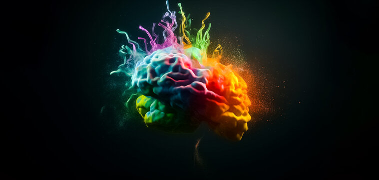 The shape of a brain in 3D is made out of rainbow-colored liquid and dust particles that are exploding on a black backdrop. generative AI.