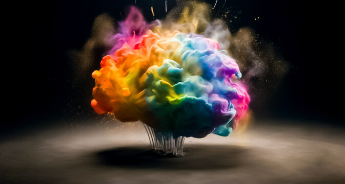 The shape of a brain in 3D is made out of rainbow-colored liquid and dust particles that are exploding on a black backdrop. generative AI.