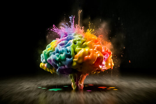 The shape of a brain in 3D is made out of rainbow-colored liquid and dust particles that are exploding on a black backdrop. generative AI.