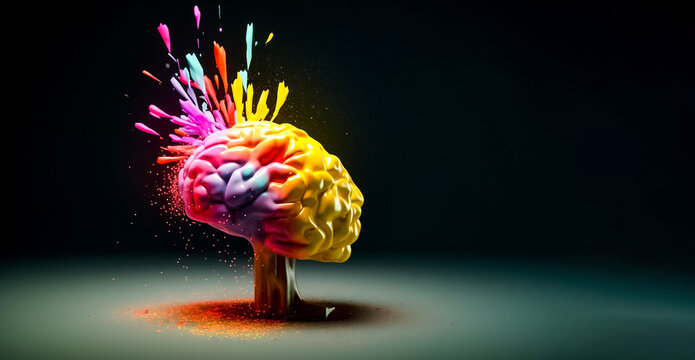 The shape of a brain in 3D is made out of rainbow-colored liquid and dust particles that are exploding on a black backdrop. generative AI.