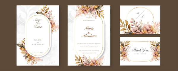 Pink rose floral flower beautiful hand drawn wedding invitation card watercolor