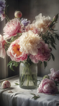 still life photograph, mixed bunch of open flowering peonies in pastel shades of pink in a vintage vase, with pink silk ribbons, sitting on a white wood table