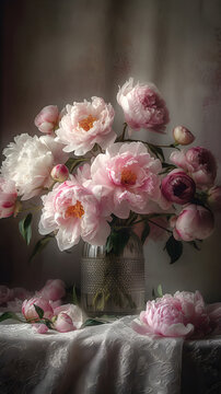still life photograph, mixed bunch of open flowering peonies in pastel shades of pink in a vintage vase, with pink silk ribbons, sitting on a white wood table