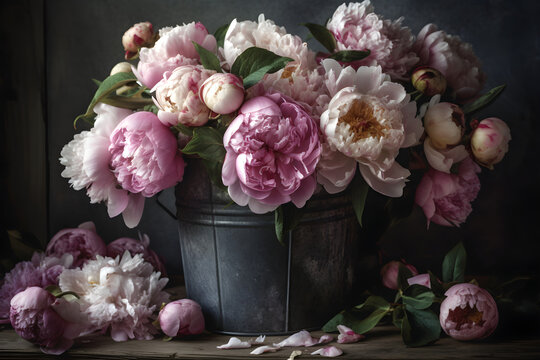 still life photograph, mixed bunch of open flowering peonies in pastel shades of pink in a vintage zinc bucket, with pink silk ribbons, sitting on a white wood table