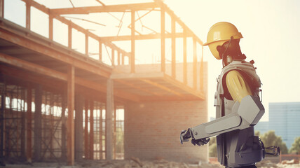 Humanoid robot on a construction site. construction worker. Generative AI
