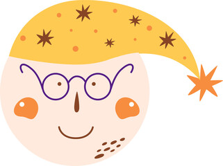 Baby moon face in PNG on transparent background. Cute kids moon character. Nursery sleeping moon childish illustration. Funny cheerful isolated element.