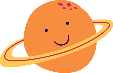Baby planet face in PNG on transparent background. Cute kids Saturn character. Nursery smiling planet childish illustration. Funny cheerful isolated element.