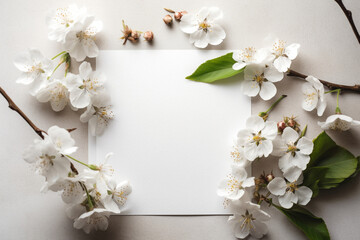 Photography of an horizontal blank paper surrounded by blossom, product photography Generative AI