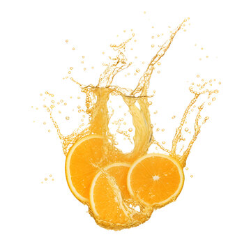 Yellow or orange juice water splash isolated on white background. PNG transparent available. Generative AI.
