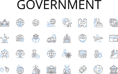 Government line icons collection. Authority Power, State Regime, Administration Management, Governance Direction, Regulator Overseer, Regime Rule, Rule Polity vector and linear illustration. Ruling