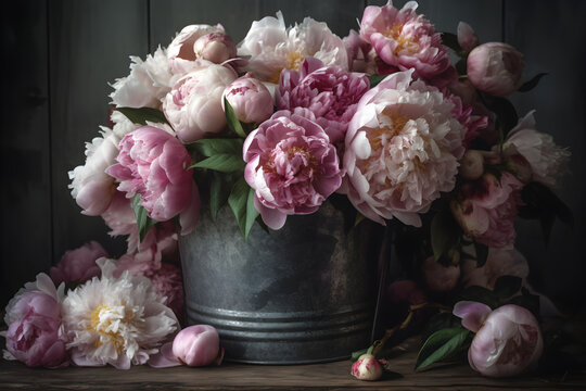 still life photograph, mixed bunch of open flowering peonies in pastel shades of pink in a vintage zinc bucket, with pink silk ribbons, sitting on a white wood table