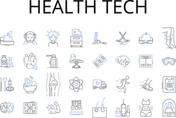 Health tech line icons collection. Medical technology, Digital health, Healthcare IT, Telehealth, eHealth, Health informatics, Health information technology vector and linear illustration. Medical