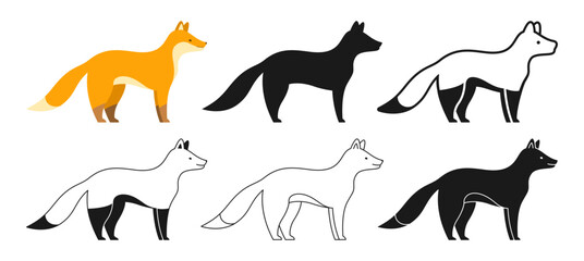 Fox wild animal cartoon style set. Funny forest mammal cute red fox symbol, line doodle or silhouette collection. Flat modern character animal icon. Hand drawn simple abstract zoo vector Generative AI