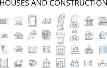 Houses and construction line icons collection. Domicile, Dwelling, Residency, Habitat, Abode, Home, Shack vector and linear illustration. Cabin,Cottage,Bungalow outline signs set
