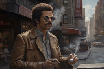 In the style of 1970s blaxploitation, African American gangster. generative AI