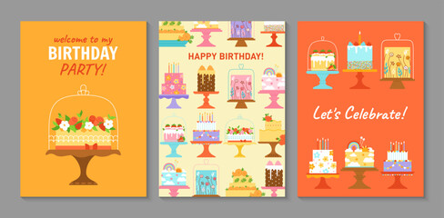 Birthday cakes card cartoon set. Birthday party desserts, celebration, congratulations, invitation concept. Postcard, card, cover with delicious cupcake, sweet bakery pastries collection Generative AI