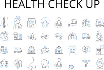 Fototapeta na wymiar Health check up line icons collection. Medical exam, Physical test, Wellness assessment, Health evaluation, Medical check, Physical screening, Medical testing vector and linear illustration. Well