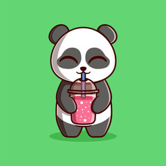Vector Cute Panda Drinking Smoothie Illustration. Kawaii Animal Cartoon Character Design For Banner, Poster, Icon, and Mascot