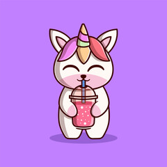 Vector Cute Unicorn Drinking Smoothie Illustration. Kawaii Animal Cartoon Character Design For Banner, Poster, Icon, and Mascot