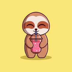 Vector Cute Sloth Drinking Smoothie Illustration. Kawaii Animal Cartoon Character Design For Banner, Poster, Icon, and Mascot