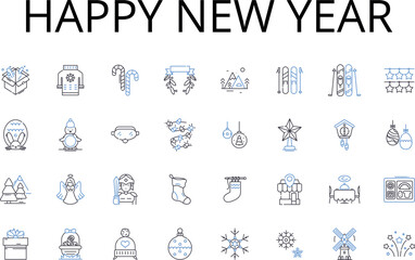 Happy new year line icons collection. Joyful New Year, Blissful New Year, Delighted New Year, Festive New Year, Cheerful New Year, Ecstatic New Year, Radiant New Year vector and linear illustration