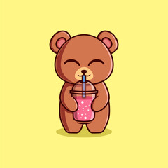 Vector Cute Bear Drinking Smoothie Illustration. Kawaii Animal Cartoon Character Design For Banner, Poster, Icon, and Mascot
