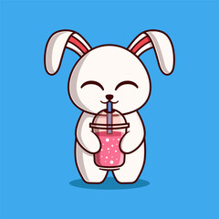 Vector Cute Bunny Drinking Smoothie Illustration. Kawaii Animal Cartoon Character Design For Banner, Poster, Icon, and Mascot