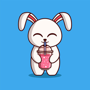 Vector Cute Bunny Drinking Smoothie Illustration. Kawaii Animal Cartoon Character Design For Banner, Poster, Icon, and Mascot