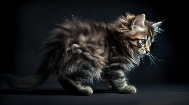 Photo of a kitten from behind as it crouches down low to the ground, ready to leap into action. AI-generated image