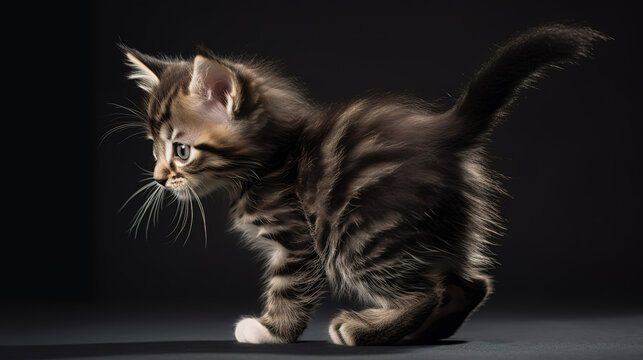 Photo of a kitten from behind as it crouches down low to the ground, ready to leap into action. AI-generated image