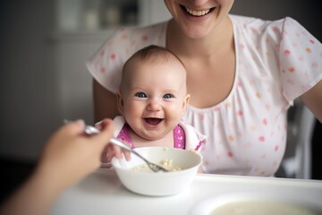 Cute baby girl having her first meal with her parents. Close up shot. Generative AI