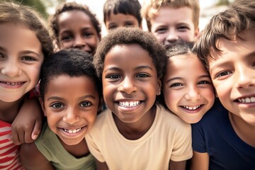 Obraz premium Close up portrait of happy children of different ethnicities smiling and looking at camera. Wide angle view. Generative AI