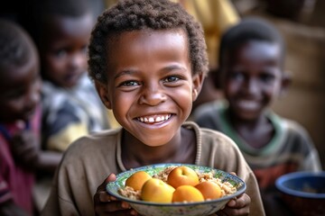 African child smiling and holding a plate full of food. Generative AI - obrazy, fototapety, plakaty