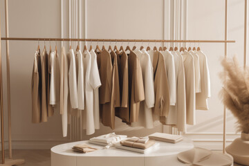 Beige and white clothes hanging on a rack, pastel colors Generative AI - obrazy, fototapety, plakaty
