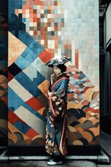 Geisha standing on a street alley with colorful wall in the city. Generative AI illustration
