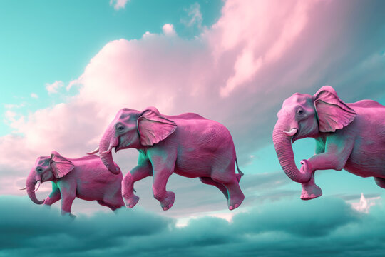Pink Elephants flying in the clouds, Generative AI